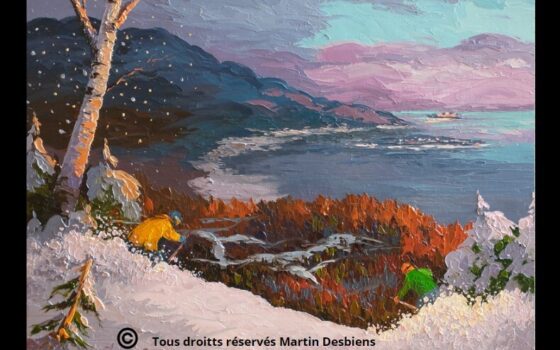 Martin Desbiens : La relâche s’en vient, ski au Massif, huile sur toile 18 x 24
