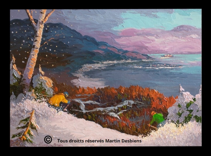 Martin Desbiens : La relâche s’en vient, ski au Massif, huile sur toile 18 x 24
